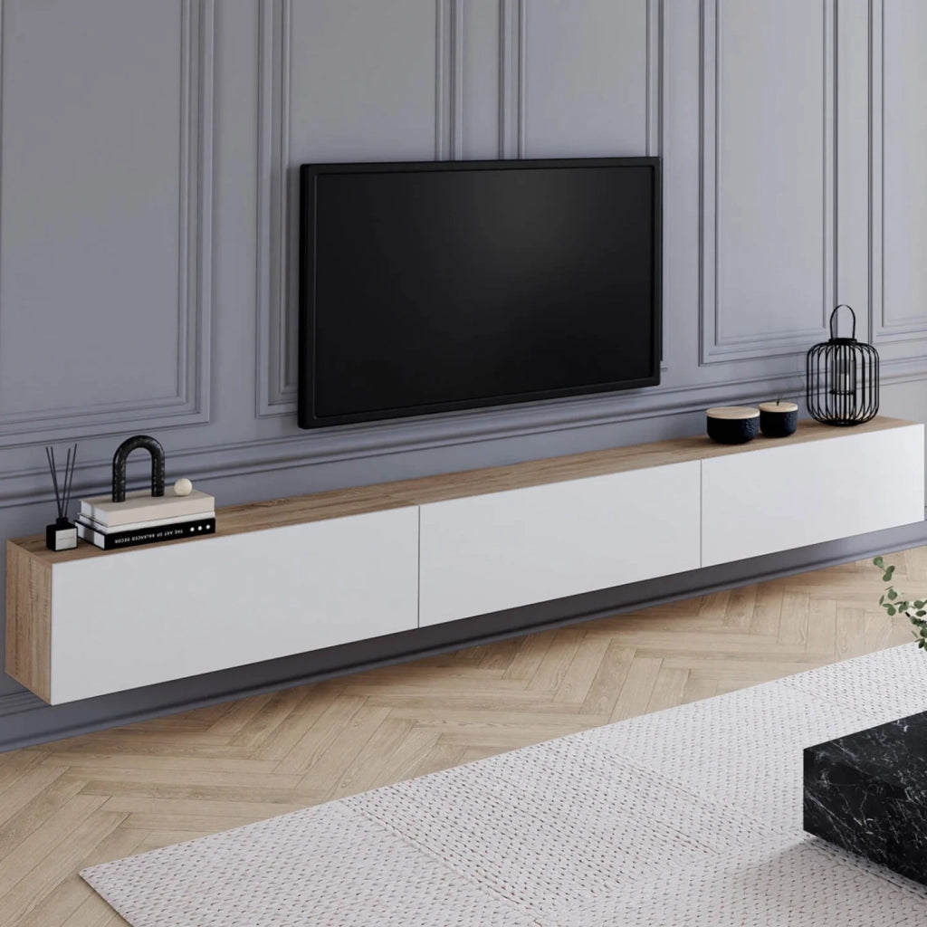 IDMarket - 270 cm ELIO Mobile TV sospeso a 3 ante in legno e bianco