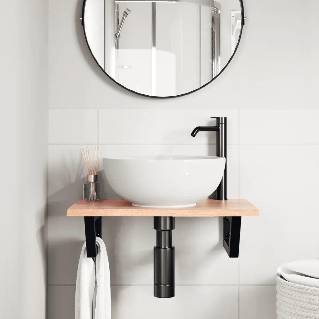 Ripiano a Parete per Lavabo-Mensole a Muro in Acciaio e Massello di Rovere 812491