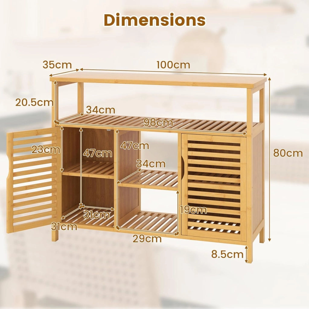 Credenza Cucina in Bambù, Mobile da Bagno con Ripiani Aperti e 2 Porte, Armadio a Buffet a Doghe per Soggiorno, Sala da Pranzo, 100 x 35 x 80 cm, Naturale
