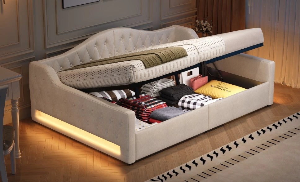 Letto Giorno Imbottito 140x200 con LED e Contenitore Beige