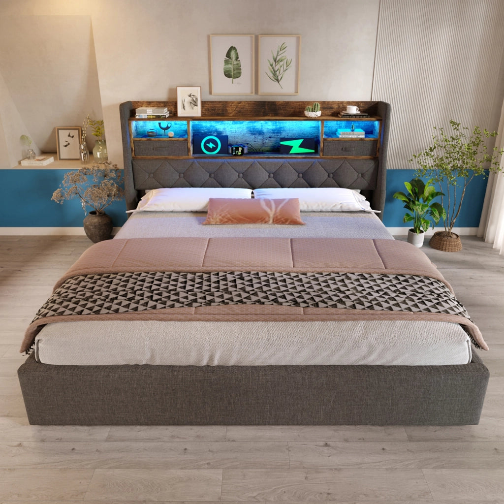 Letto imbottito 140x200 cm con contenitore idraulico, testiera LED e prese di ricarica