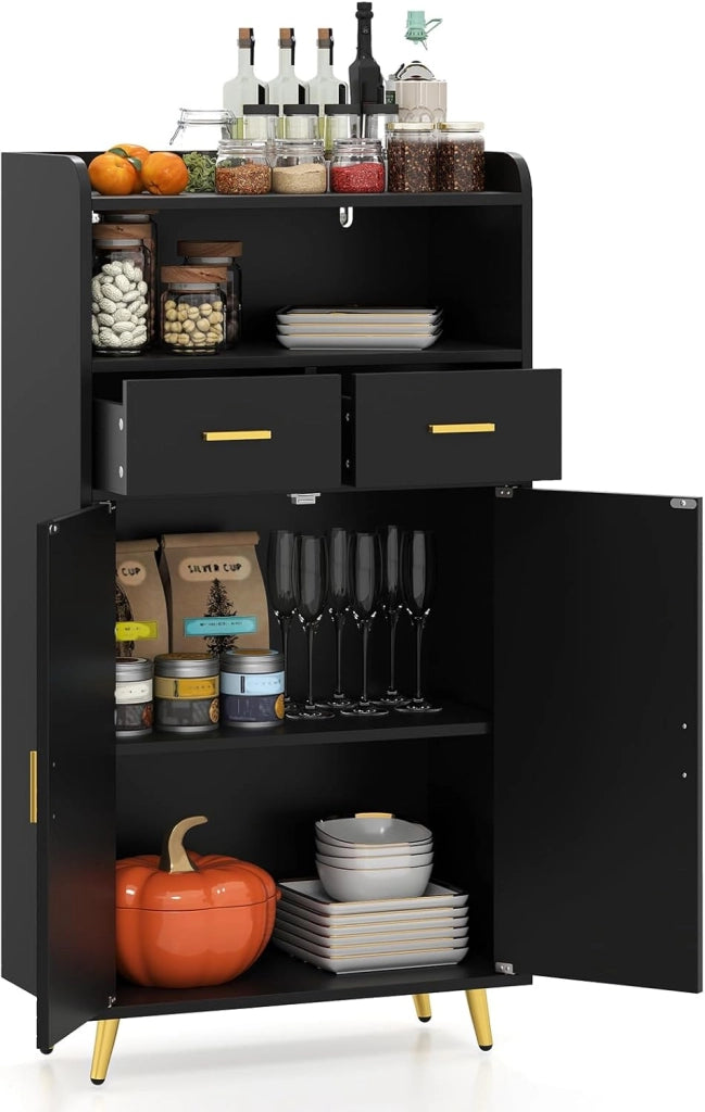 Credenza Cucina, Piano Superiore con Bordo Anticaduta, Scomparto Aperto, 2 Cassetti e Armadietto a Doppia Anta, Mobile Moderno con 2 Antiribaltamento per Soggiorno e Ingresso (Marrone)
