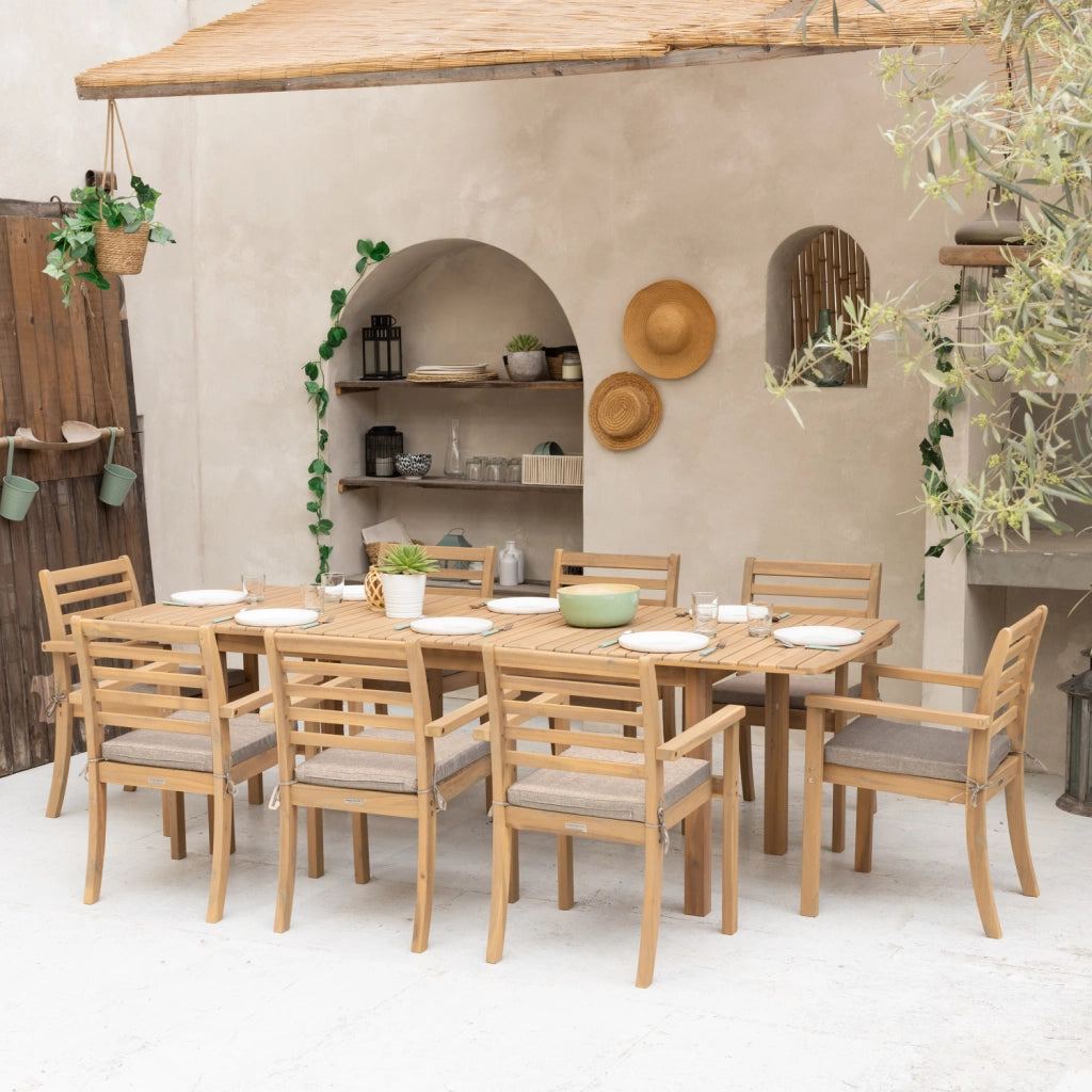 Set di mobili da giardino allungabili 180/240cm PADAR in legno di acacia 8 posti - cuscini sabbia
