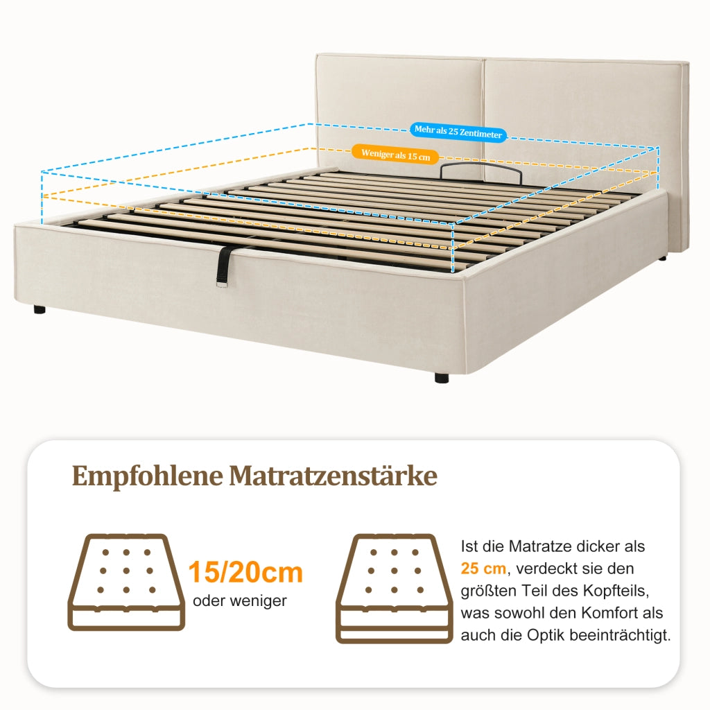 LETTO Contenitore 160x200 cm con rete, Chenille Beige, senza materasso