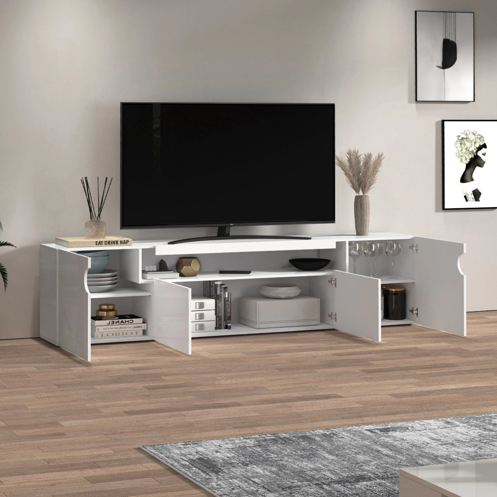 WHOUS Mobile porta TV Real con 4 ante e 1 vano aperto bianco lucido 240x40x60 cm