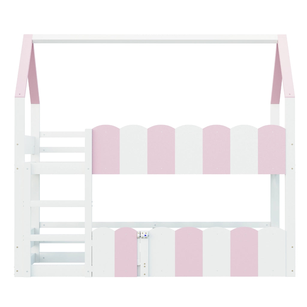 OKWISH Letto a Castello 90×200 cm, Letto Singolo con Design a Casetta, Scala Dritta e Sponde di Sicurezza, senza Materasso, Bianco e Rosa