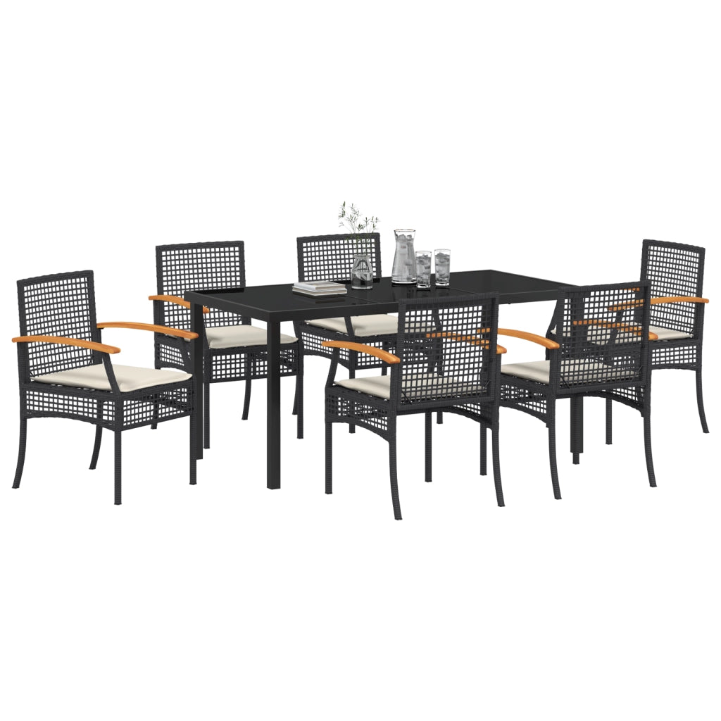 Set da Pranzo da Giardino 7 Pezzi con Cuscini Nero Polyrattan