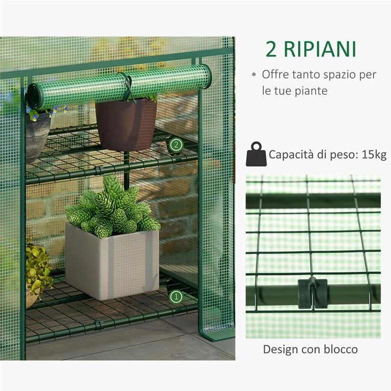 MINI SERRA DA GIARDINO CON 2 RIPIANI IN METALLO E COPERTURA  69X49X92CM VERDE