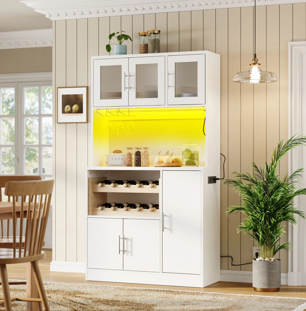 Credenza cucina 100x40x180 cm con LED RGB; presa integrata e vetro zigrinato in MDF bianco