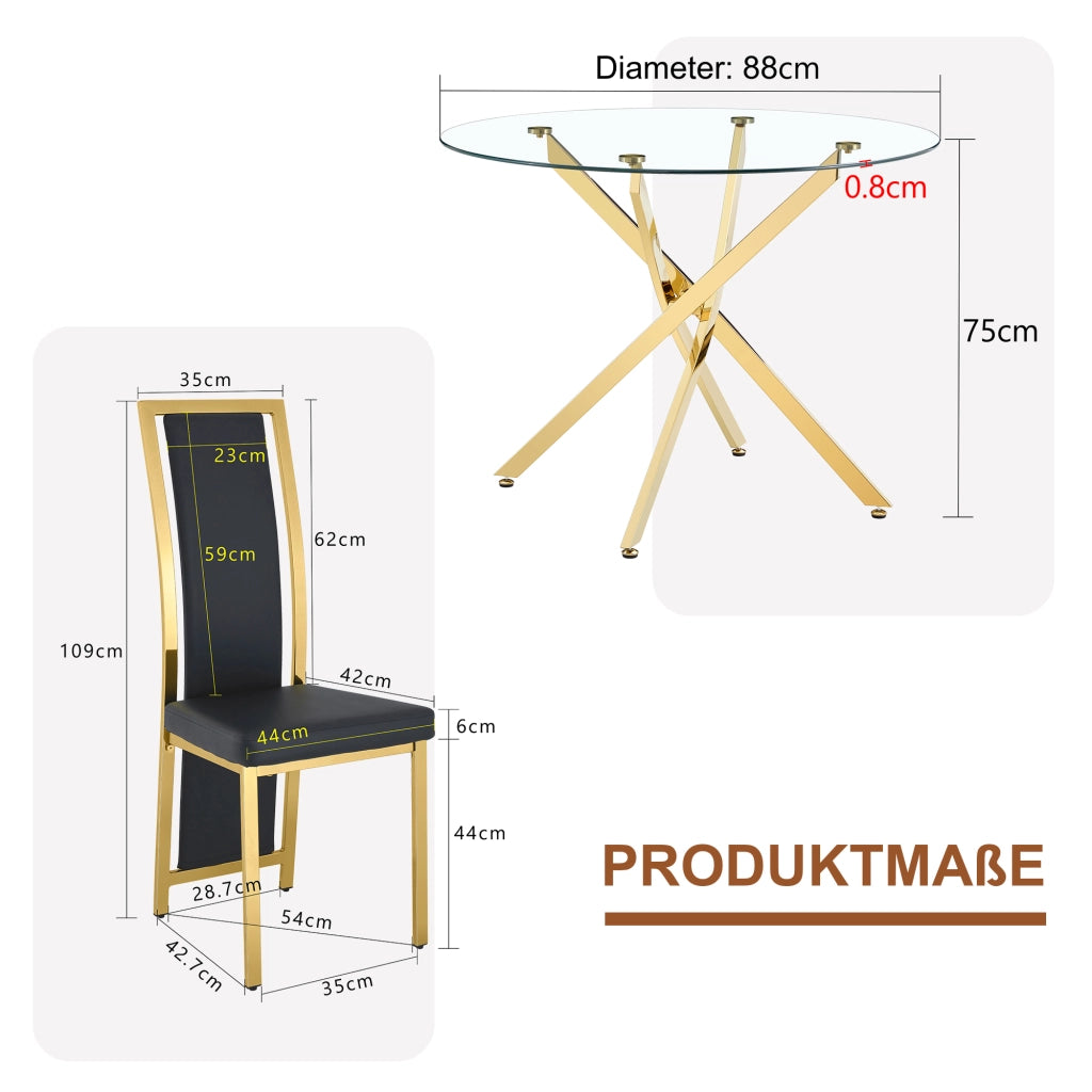 Set tavolo da pranzo e sedie con 1 tavolo rotondo e 2 sedie in vetro temperato; PU e metallo nero e oro