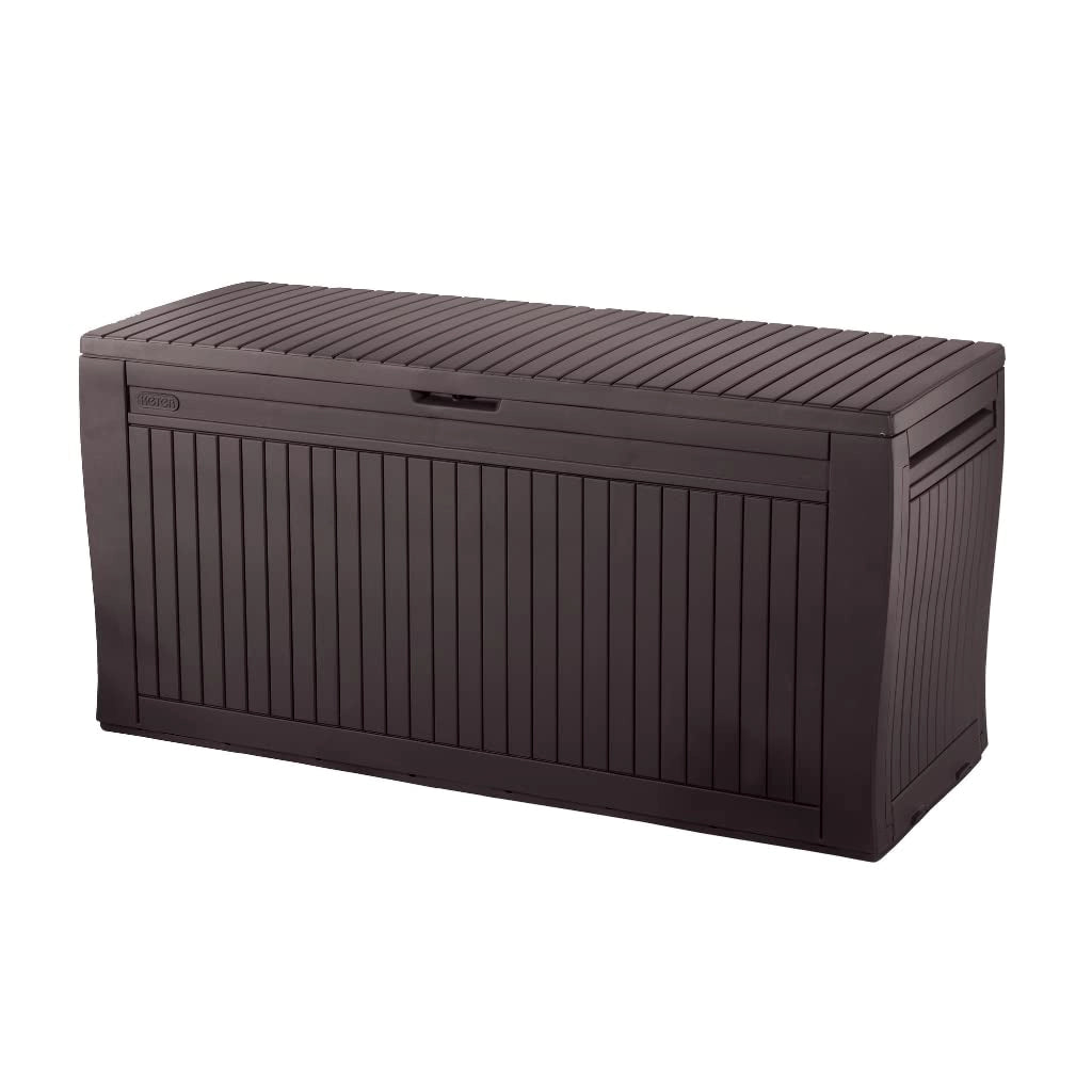 Baule da Esterno in Resina con Ruote e Maniglie Colore Marrone 117X45X57 Cm