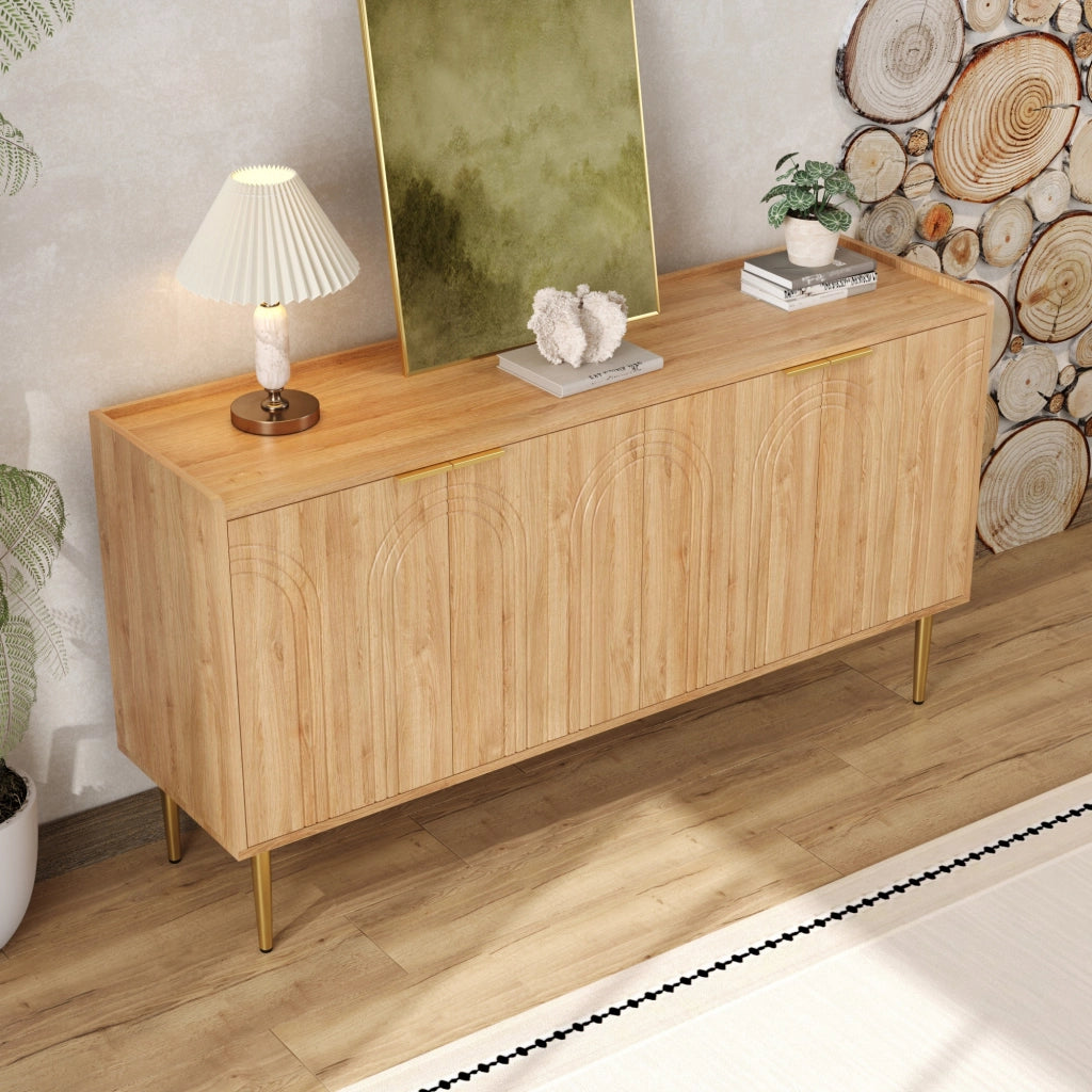 Credenza con 4 Ante e Ripiani Regolabili; Gambe in Metallo Dorato; Stile Moderno; in MDF; Naturale; 140??38??75 cm