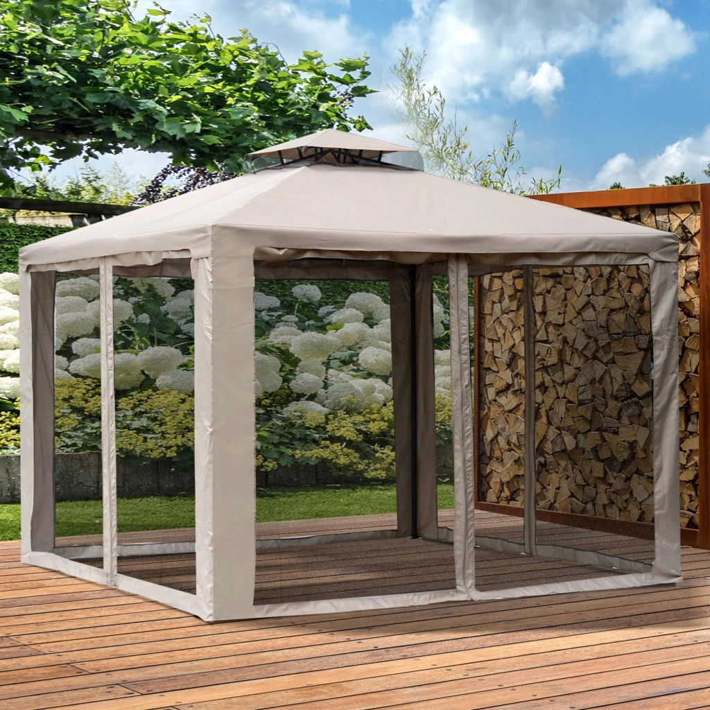 Gazebo Da Giardino Con 4 Pareti Laterali 294 X 294 X 265 Cm Poliestere Grigio Per Feste Outdoor Con Doppio Tetto