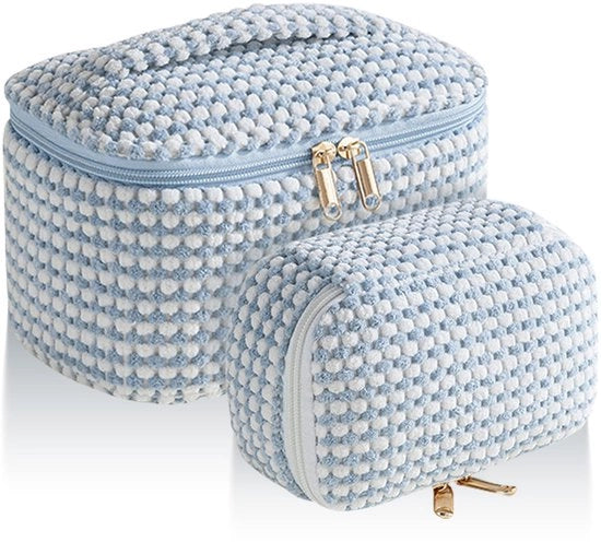 Set di contenitori per la toilette, valigetta, 2 pezzi di stile corduroy grandi con compartimenti per prodotti per la cura personale, borsa di pelle morbida per donne per uscite, feste e viaggi (punti blu)