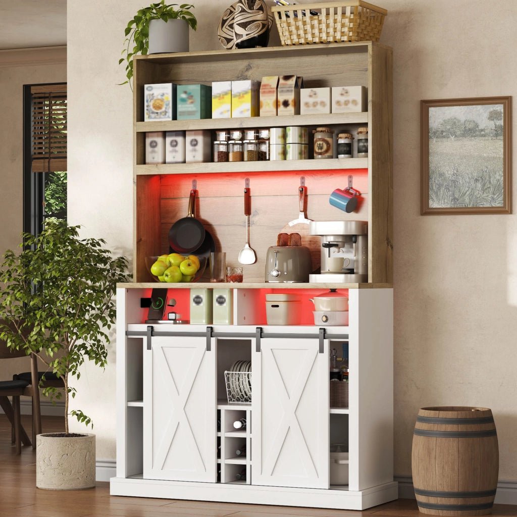 Credenza alta da cucina con LED e prese USB, per cucina e sala da pranzo, in MDF, bianco naturale, 110 × 40 × 191 cm