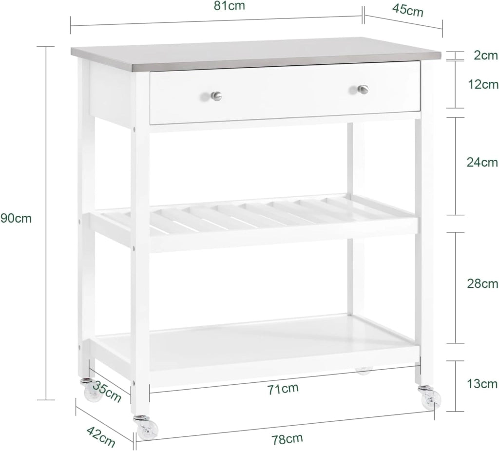 Carrello Cucina con Ruote Isola Cucina Salvaspazio Bianca con Piano in Acciaio Inox Mobiletto Cucina con Cassetti Mobile Cucina per Dispensa, Ingresso o Giardino 81x90x45cm FKW47-II-W