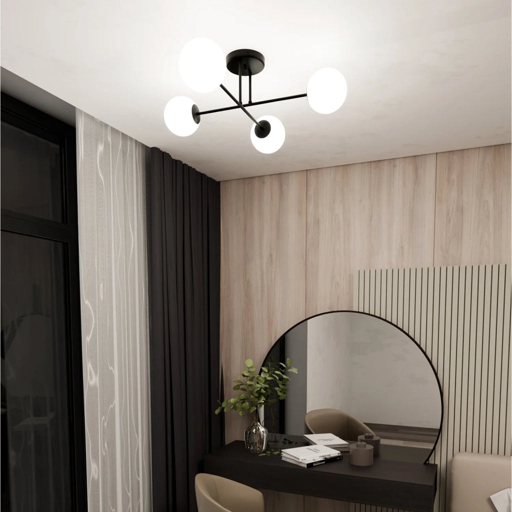 Plafoniera Moderna Morrigan 4 Luci In Acciao Nero E Sfere In Vetro Bianco