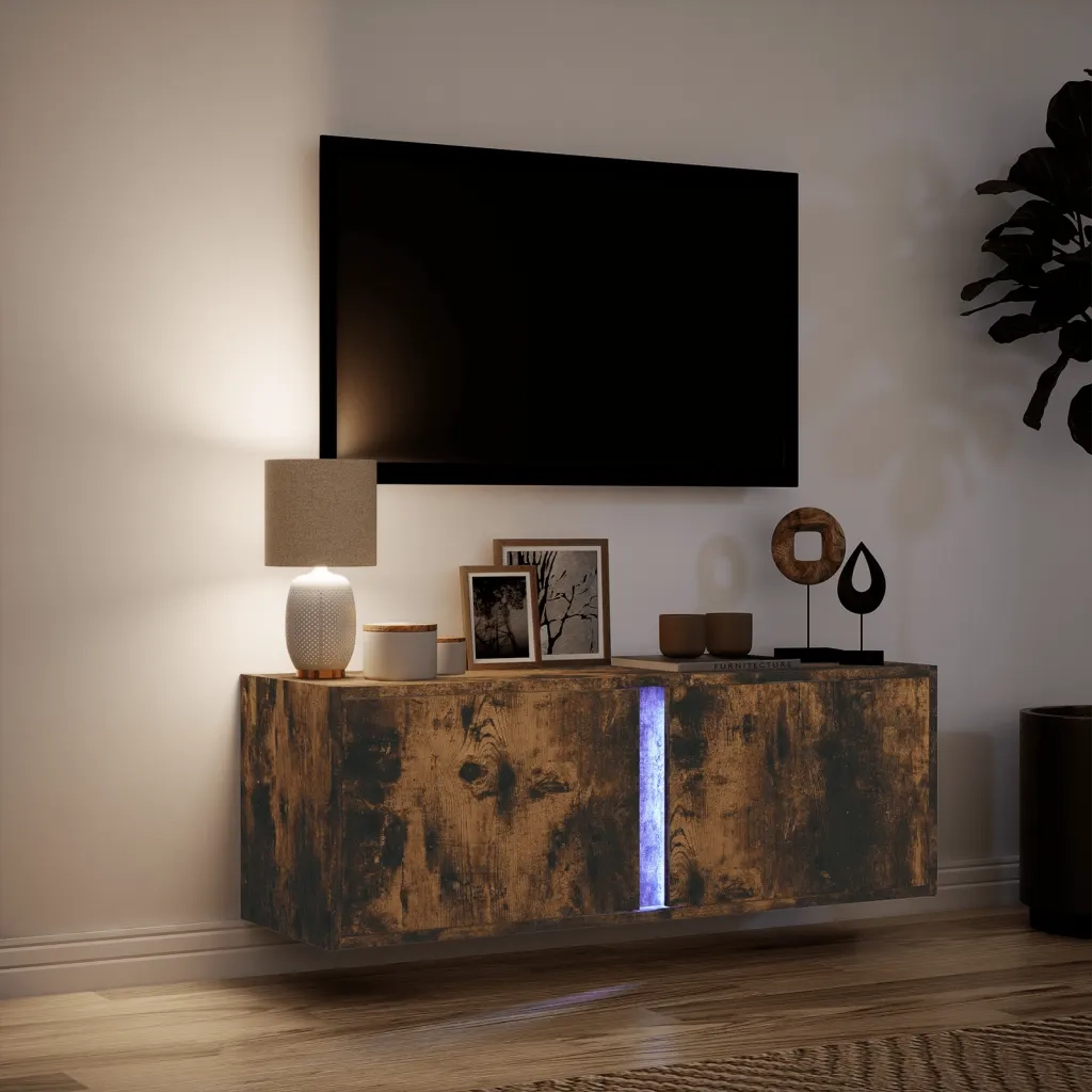 Mobile TV a Parete con Luci LED Rovere Fumo 100x31x35 cm