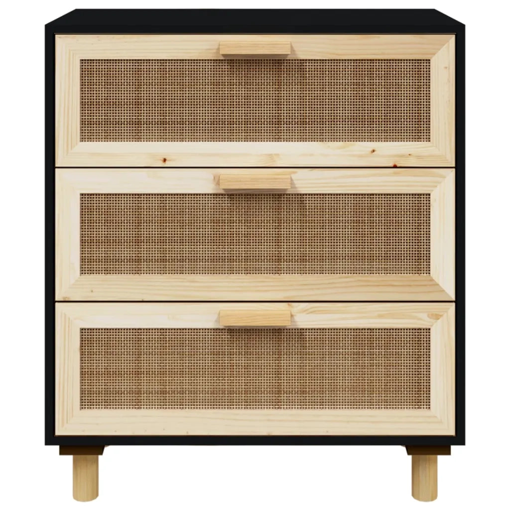 Credenza | Madia | Buffet da pranzo | Armadio da pranzo Nera 60x30x70 cm Legno Massello Pino e Rattan Naturale