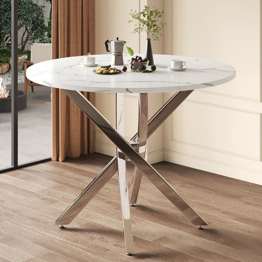 Tavolo da pranzo rotondo con piano effetto marmo e gambe cromate per cucina e soggiorno bianco argento 80 × 80 × 75 cm