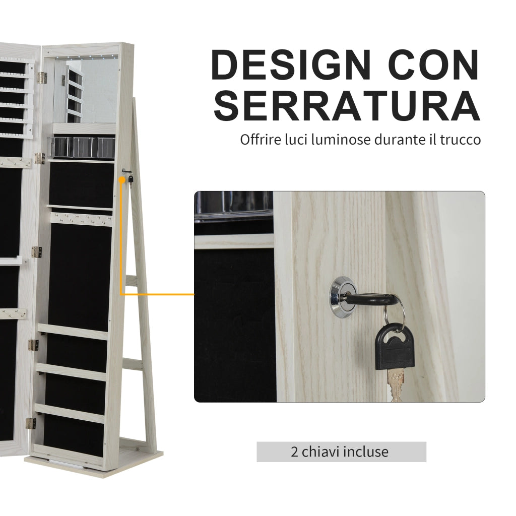 Specchio Portagioie da Terra a LED 15x15x61,75 cm con 4 Scaffali Struttura in Legno Bianco