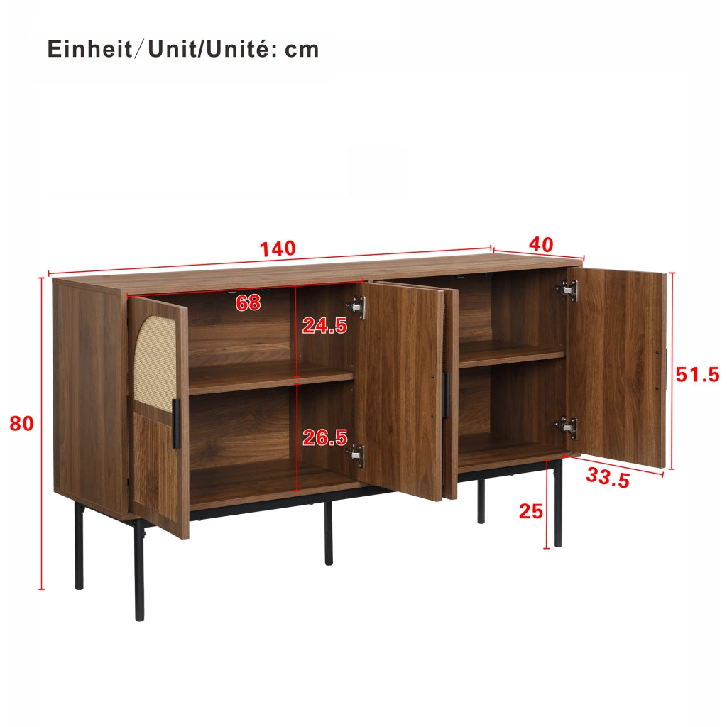 OKWISH Madia con 4 Ante e Cerniere Ammortizzate, per Soggiorno o Ingresso, MDF, Naturale, 140 × 40 × 80 cm