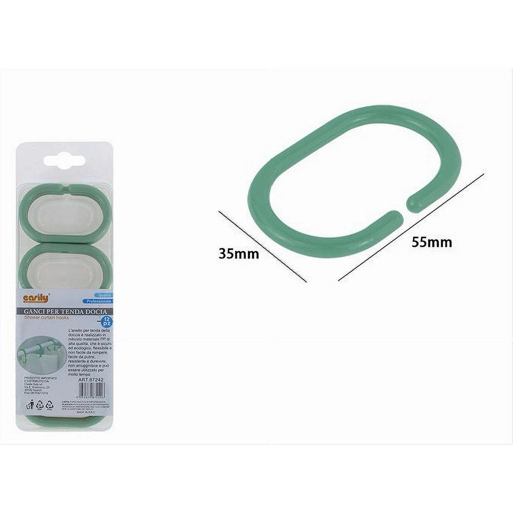 Trade Shop - Set 12 Pz Anelli Gancio Per Tenda Da Doccia Box Bagno In Plastica Pp Verde 87242 -