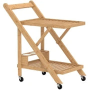 Carrello da Cucina Portavivande Pieghevole a 2 Livelli con Portabottiglie in Legno di Bambù