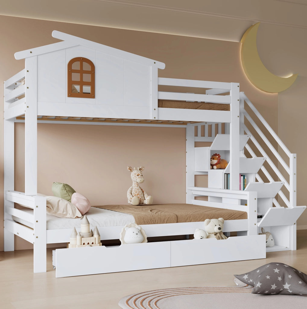 Letto a castello per bambini con 2 cassetti, scala ad angolo e finestre decorative
