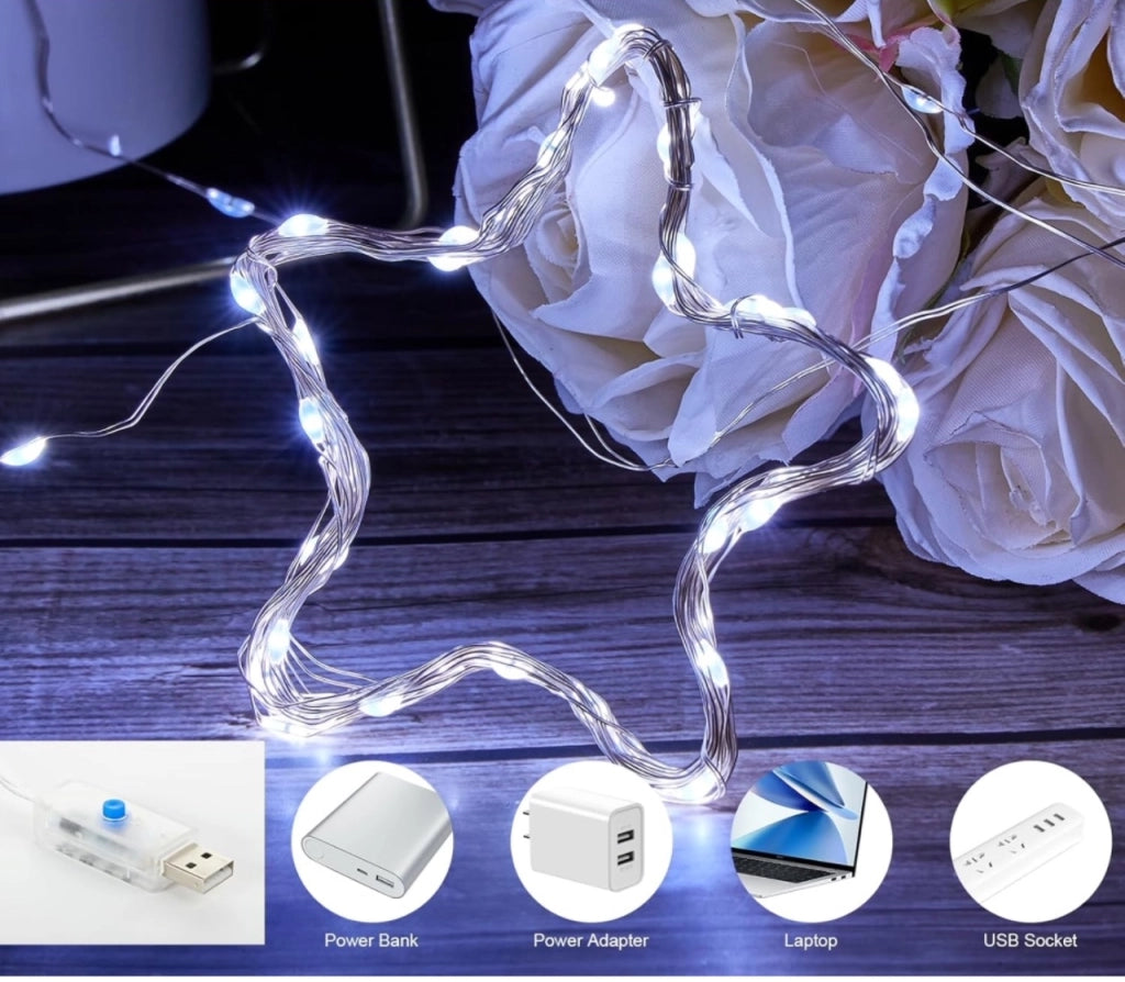 Catena di 100 microled filo ramato modellabile attacco usb 10 mt luce bianco freddo natalizie
