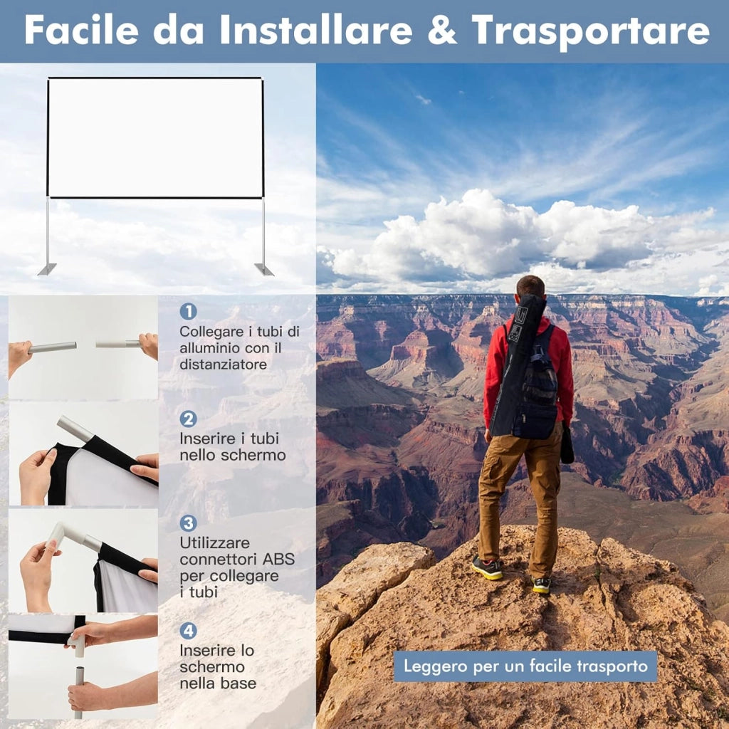 Schermo per Proiettore da 100 Pollici con Supporto, Schermo Cinematografico con Angolo di Visione di 160°, Tessuto Premium, Telaio in Alluminio e Base in Acciaio