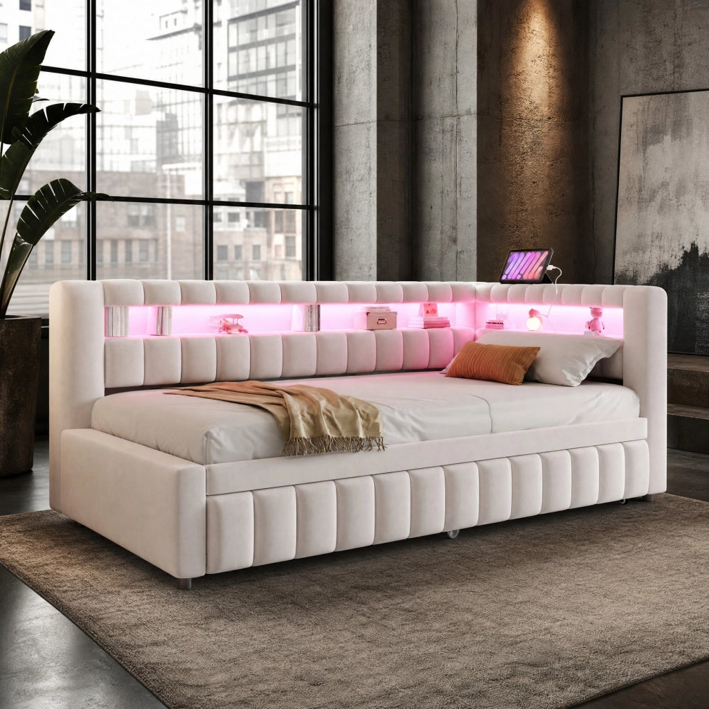 Letto estraibile singolo 90×200 cm con LED; USB; Type-C e ripiani; senza materasso; beige
