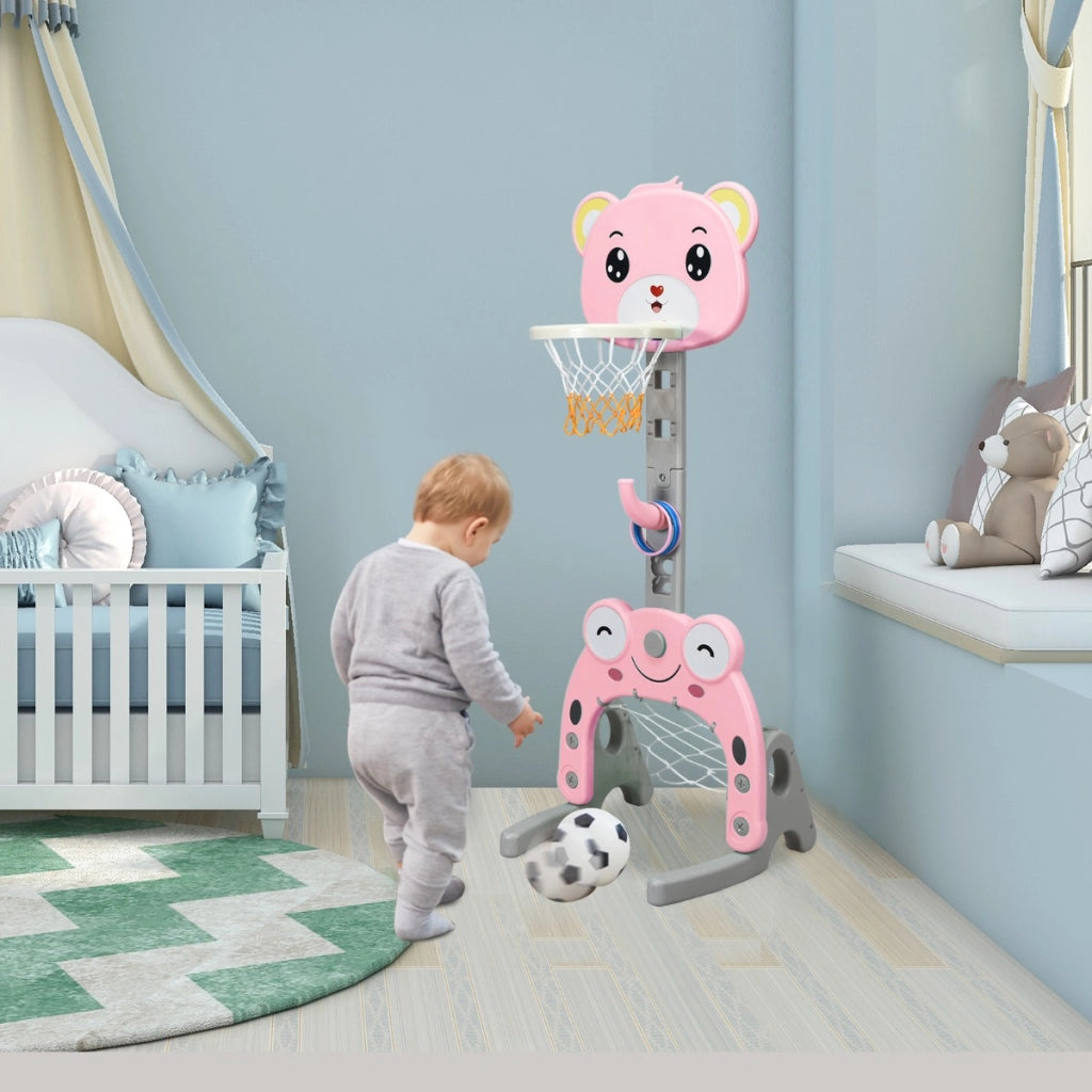 Canestro da basket 3 in 1 per bambini, Canestro da basket con porta da calcio e gioco degli anelli Rosa-Giocattoli sportivi