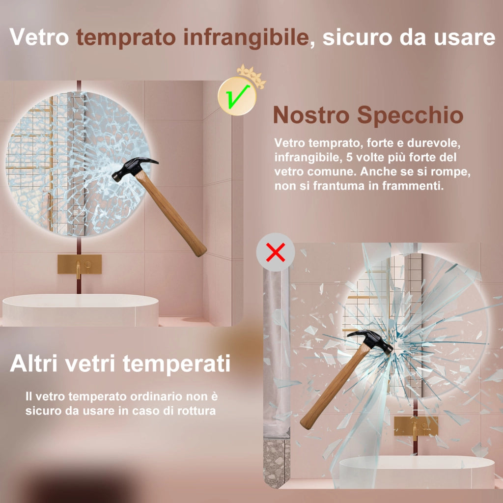 AICA Specchio da bagno 60 x 60 cm, 3 colori, antiappannamento, dimmerabile, interruttore touch, Funzione Memoria