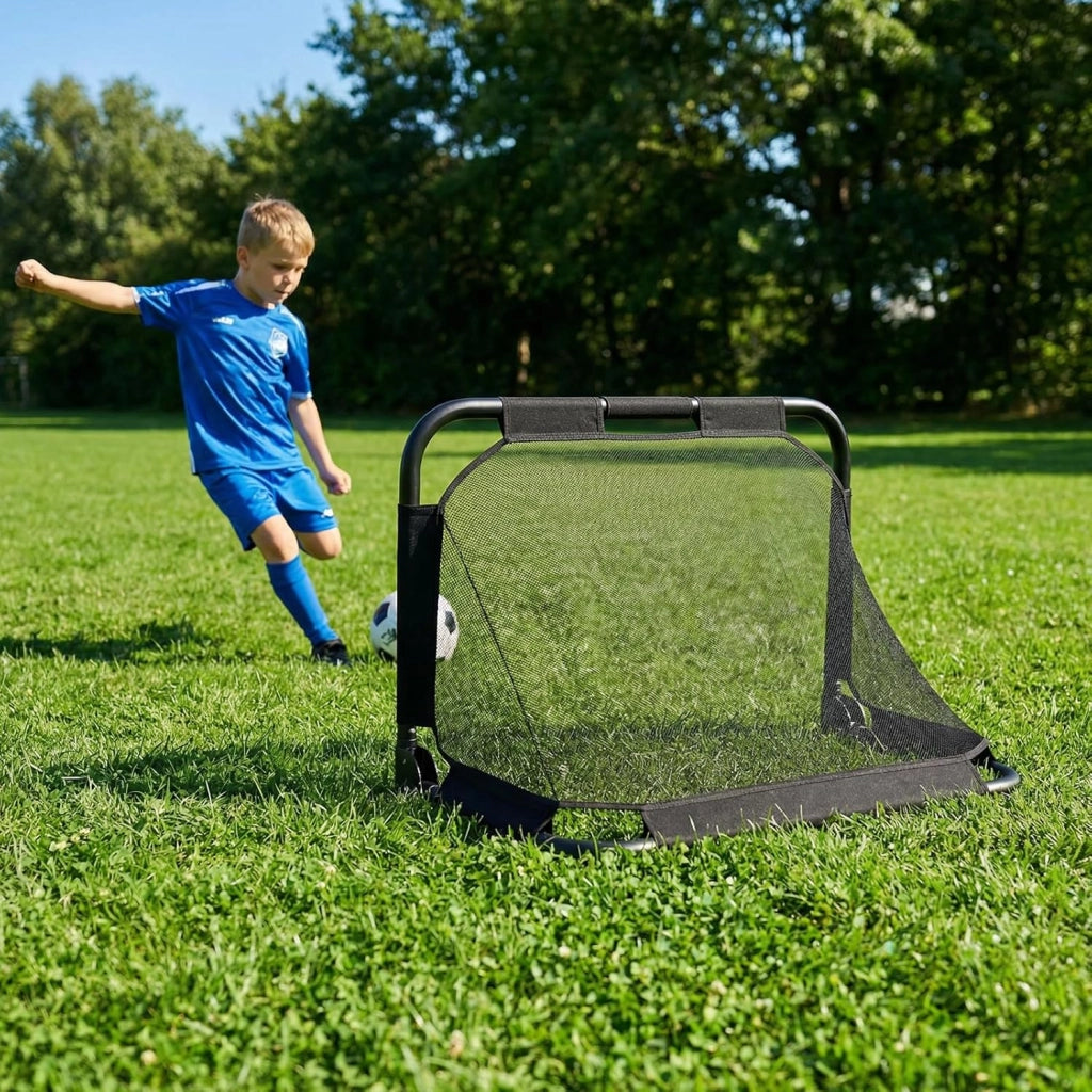 Porta da Calcio Pieghevole, Mini Rete da Calcio per Bambini con Tubo in Metallo e 4 Picchetti, Kit da Allenamento per Bambini 6+ Anni, per Parco, Spiaggia e Cameretta, 91 x 62 x 62 cm