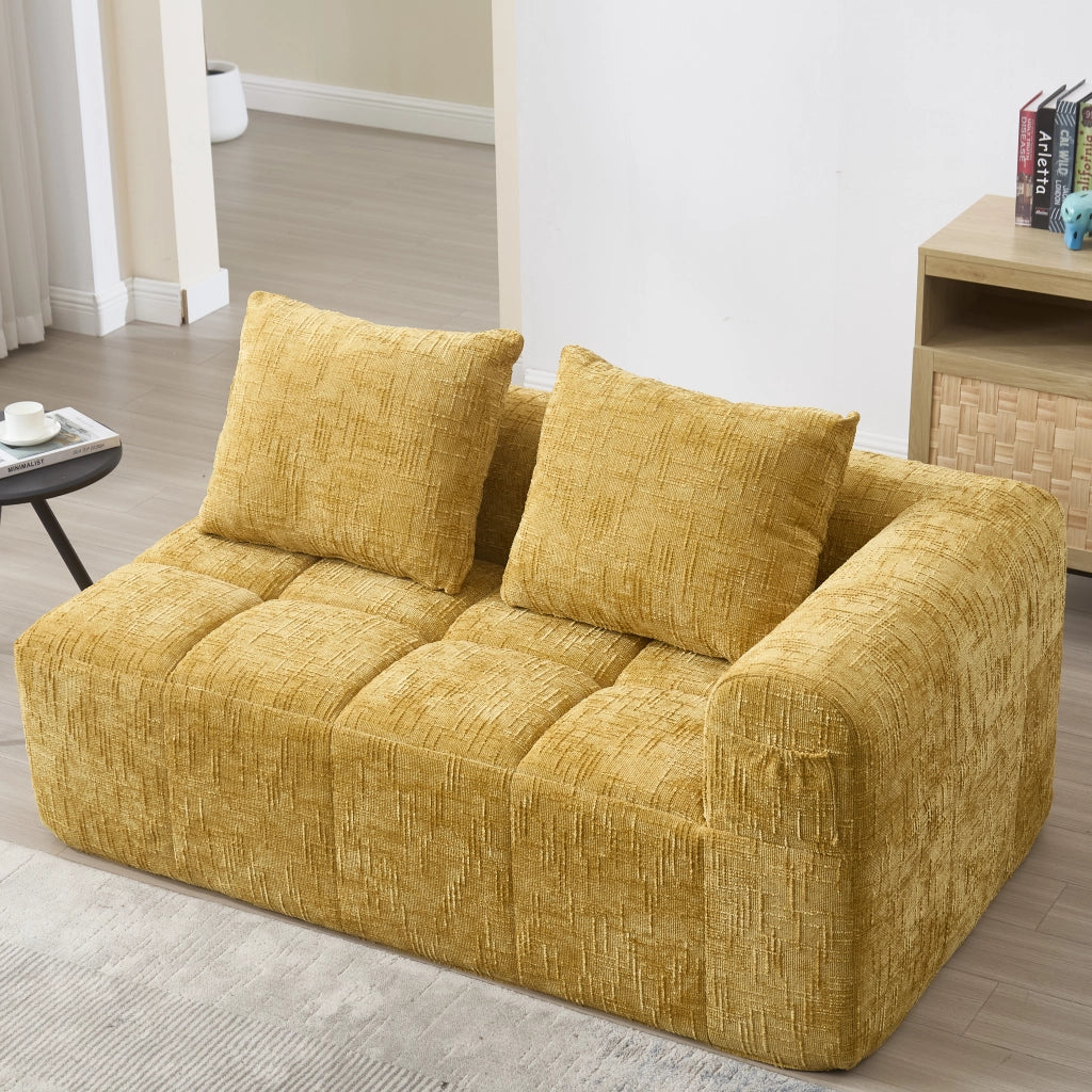 Divano chaise lounge a 2 posti in chenille giallo con tasche laterali e cuscino, 158×90×60 cm