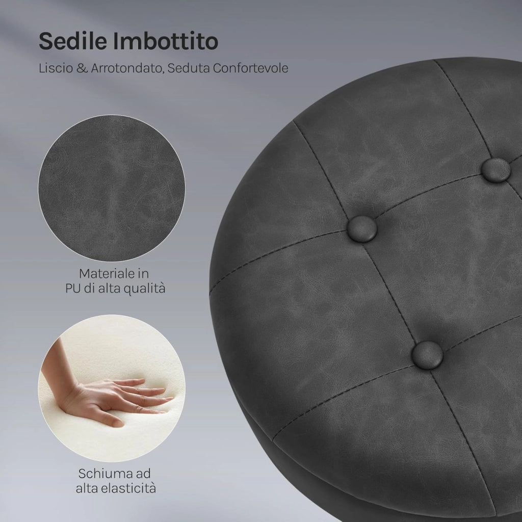 Sgabello da Trucco Girevole, Sedile Regolabile in Altezza, Sedia da Bar Rotondo con Contenitore, Pelle sintetica vintage, Base in Metallo, per Cucina, Soggiorno, Antracite, BH439an-1