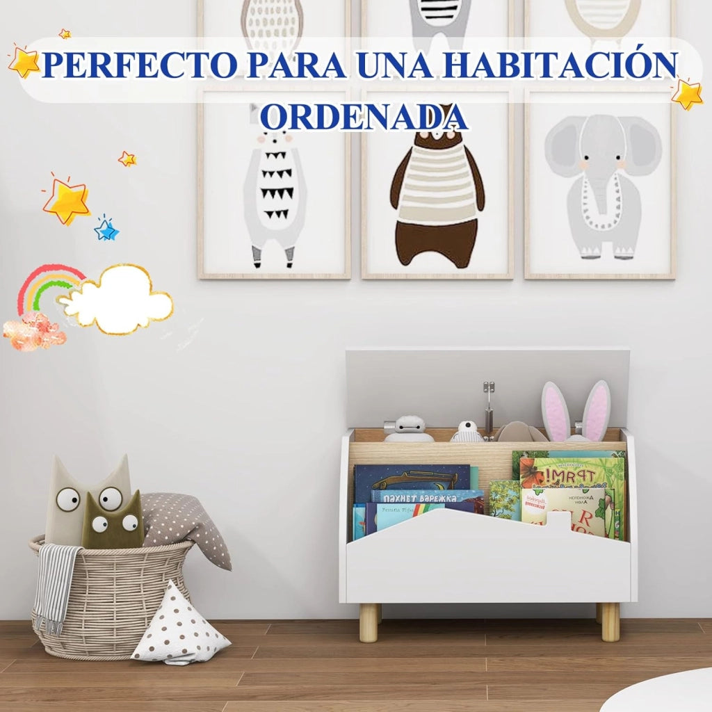Libreria 2 in 1 per bambini e giocattoli, scatola per giocattoli con coperchio e ripiano aperto, scaffale per bambini con gambe in legno massello, scaffale per la cameretta dei bambini