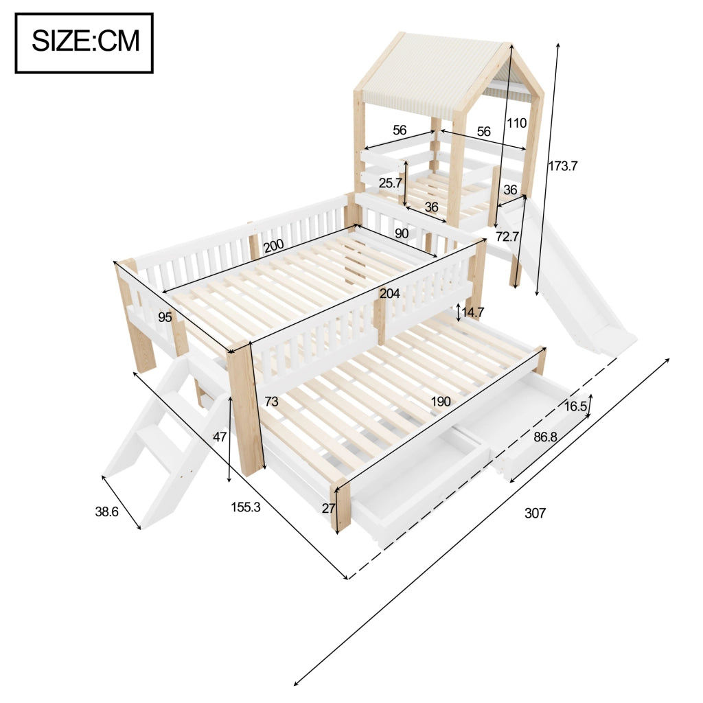 Letto bambino 90×200 cm e 90×190 cm con letto estraibile; scivolo; scala e cassetti; senza materasso; legno; bianco