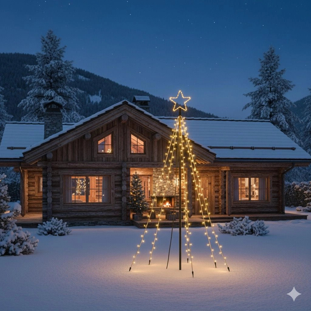 Albero Luminoso da Esterno 2,5m con 500 LED Luce Calda, Stella 22cm, Struttura in Ferro e Alluminio, IP44, Picchetti per Giardino, Cavo 5m
