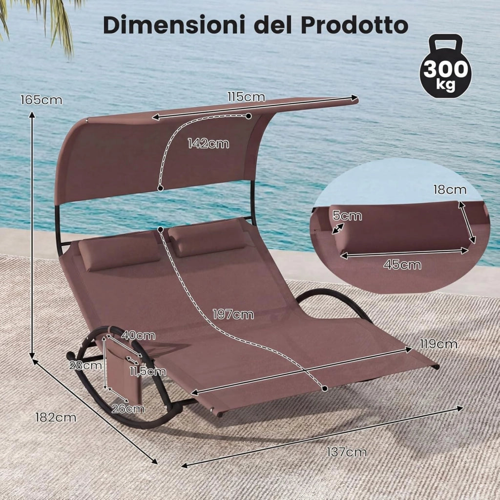 Lettino Prendisole a 2 Posti, Sdraio a Dondolo con Tetto Parasole, 2 Poggiatesta Staccabili e Tasca Portaoggetti Laterale, Tessuto Textilene, per Giardino e Terrazza, Portata 300 kg (Marrone)