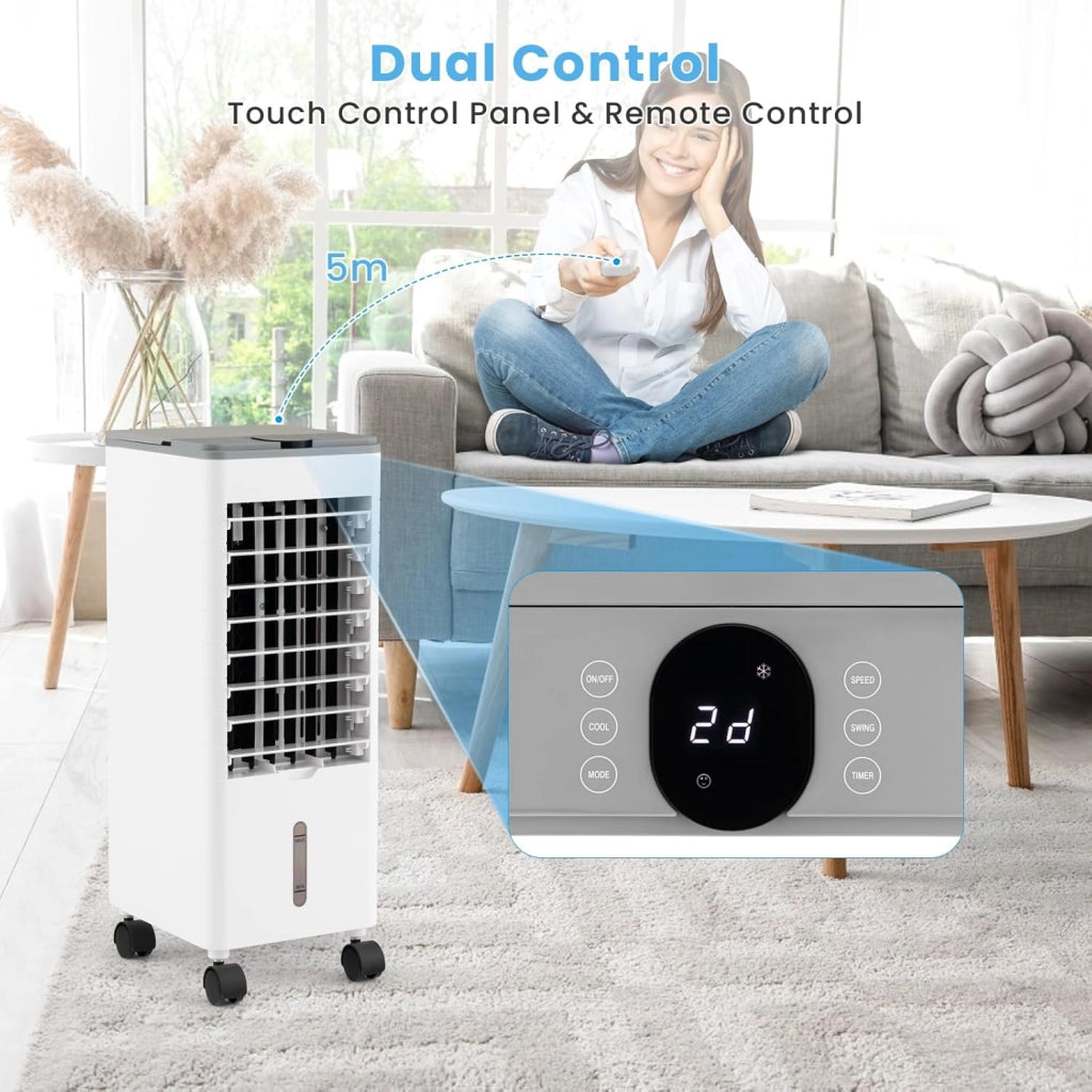 Ventilatore Condizionatore, 3 in 1 Ventilatore & Umidificatore & Raffrescatore, 3 Velocità, 2 Serbatoi d'Acqua, Timer 12H, Telecomando, per Salone, Camera da Letto, Ufficio (Grigio)