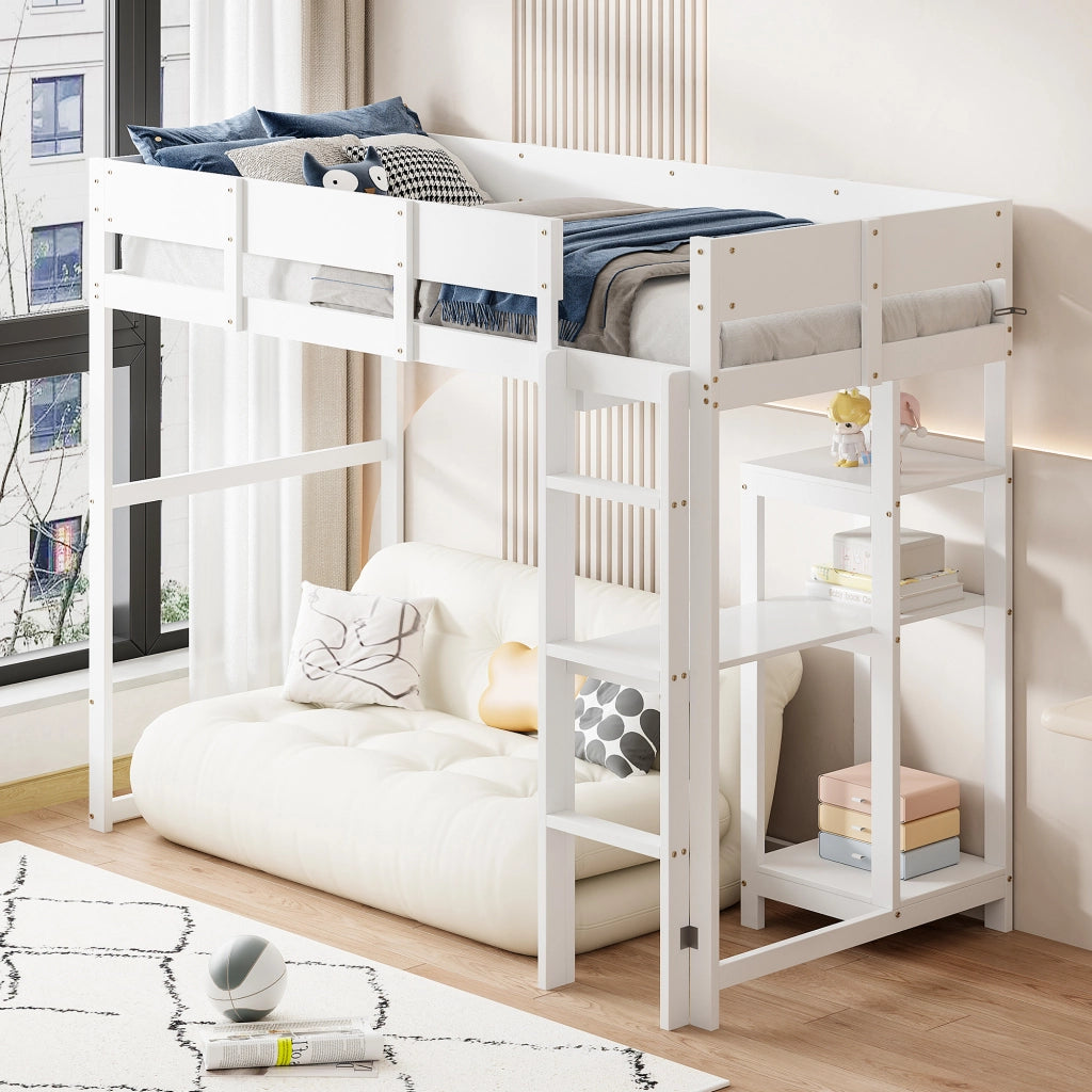 Letto a Soppalco Singolo con Scaffale e Sponde 90 × 200 cm; senza Materasso; in Legno; Bianco
