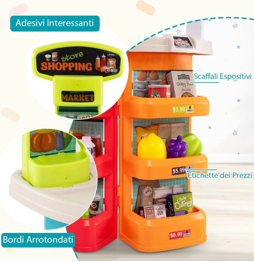 Cassa Gioco Supermercato per Bambini, Supermercato Giocattolo con Carrello della Spesa, Registratore di Cassa, Scanner, Luci e Suoni, Gioco di Ruolo con 29 Accessori (Blu)