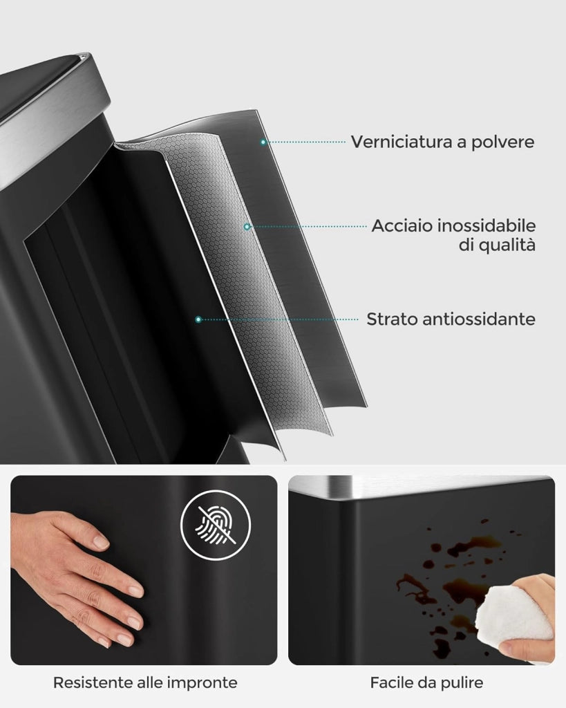 Pattumiera a Doppio Secchio, 2 x 30L, Cestino in Acciaio Inox e 15 Sacchetti di Rifiuti, con Secchi Interni in Plastica, Coperchi a Chiusura Morbida, 58,2 x 31,5 x 60,5 cm, Nero LTB202B01