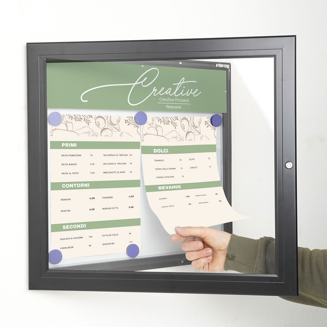 Bacheca con Apertura a Battente 51,5x48,7x2,3 cm in Alluminio con Led Nera