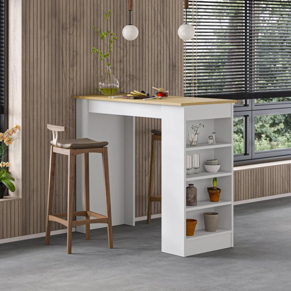 Tavolo da Bar 4 Ripiani e Portaoggetti Bianco e Quercia Salvaspazio 117x54x102cm