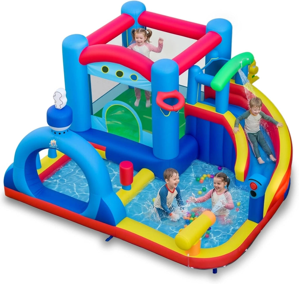 Castello Gonfiabile per Bambini, Casa Gonfiabile con Piscina, Cannone d'Acqua, Gioco con Anelli, Gioco a Bersaglio e Parete d'Arrampicata, Parco Acquatico da 3-12 Anni per Esterno