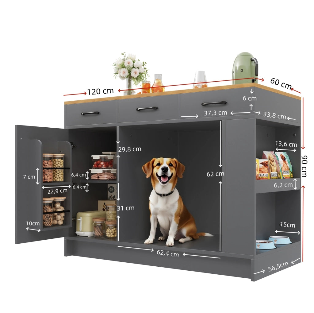 Isola cucina grigio naturale con area per animali e 3 cassetti