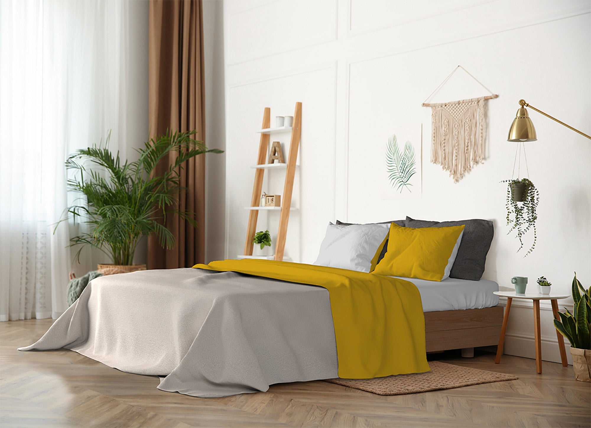 Set Lenzuola Singolo Sopra Sotto e Federe Doubleface Senape/Grigio Chiaro